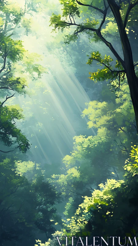 Sunlit Forest Canopy with Ethereal Light Beams Through Dense Green Foliage