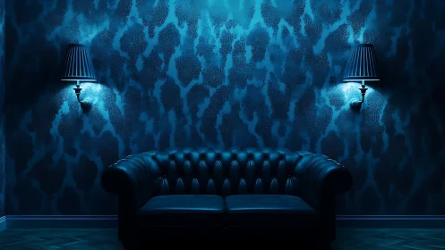 Moody blue lounge sofa glows under twin wall sconces.