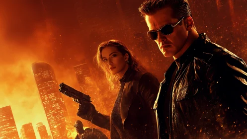 Armed duo in leather amid burning futuristic cityscape