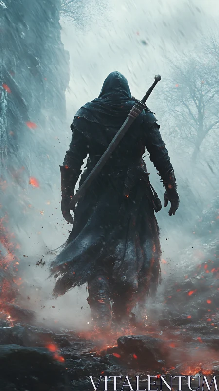 Hooded wanderer strides through emberstormed winter ruins