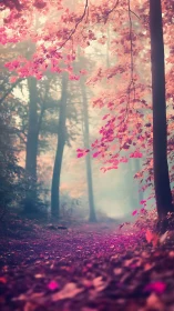 Crimson Forest Path: Where Pink Leaves Dance in Misty Woodland Serenity.
