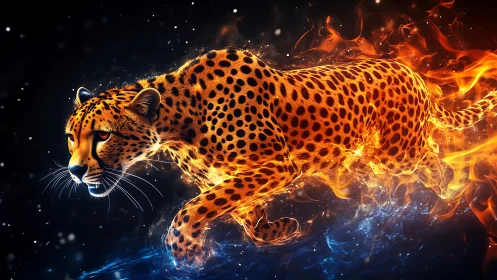 Leopard engulfed in dancing flames and luminescent energy
