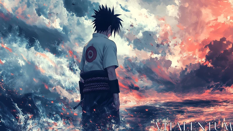 Stormlit anime warrior walking through burning tidal dusk.