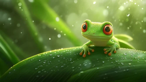 Vibrant tree frog on dewy leaf under soft rainforest light.