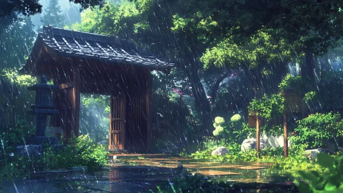 Rain-soaked Japanese garden gate rendered in luminous digital art