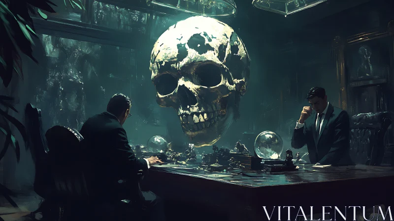 Corporate strategists confront colossal floating skull omen