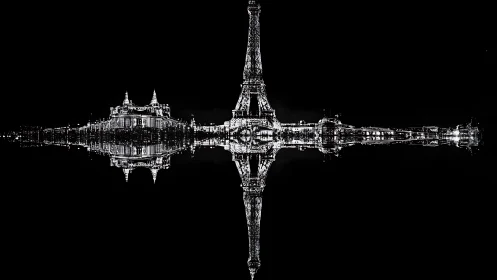 Paris night skyline reflection with Eiffel Tower symmetry.