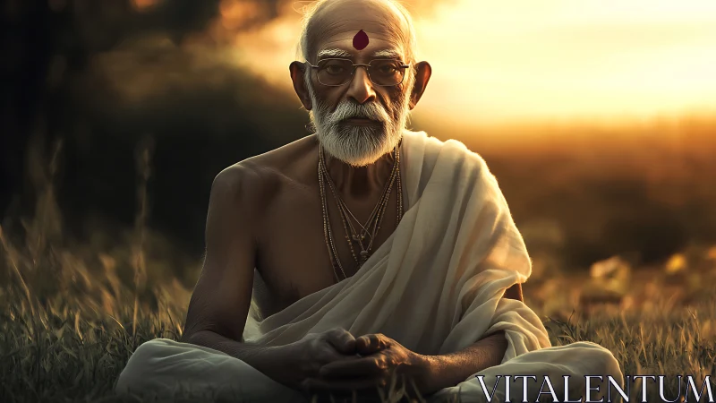 Elderly sage in sunset field with serene meditative gaze.