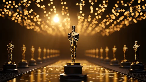 Golden film award trophies under cinematic bokeh lights.