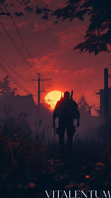 Silhouetted tactical operator walking through overgrown powerline road at sunset