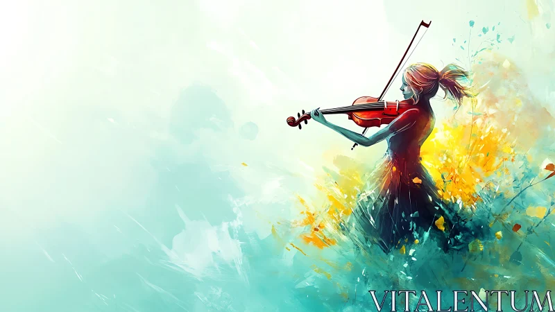 Violinist silhouette in colorful abstract paint field.
