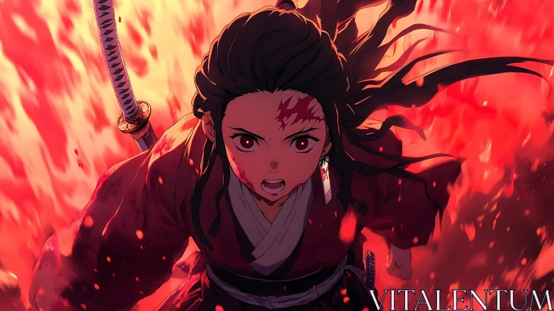 Dynamic anime swordswoman charged through stylized red flames