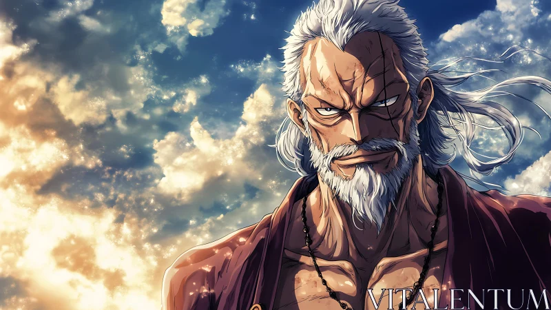 Scarred anime warrior gazes into a blazing, storm-lit sky