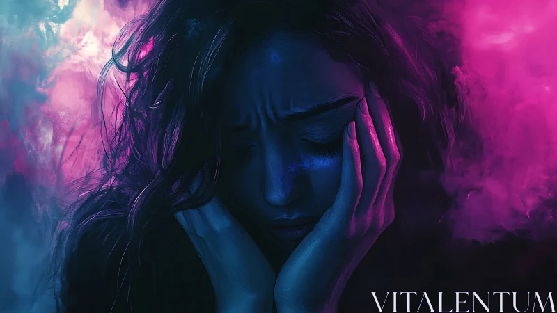 Melancholic portrait in neon magenta and cyan haze.