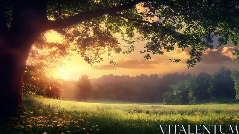 Sunlit meadow landscape with foreground tree and distant hills.