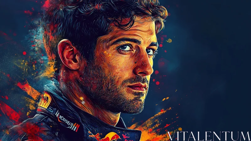 Intense racing portrait glows in swirling neon brushstrokes.