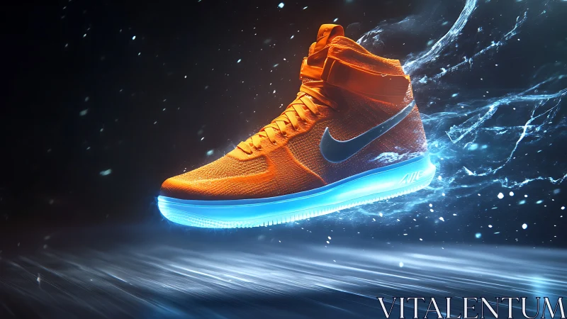 Glowing orange sneaker drifting through cool electric light.