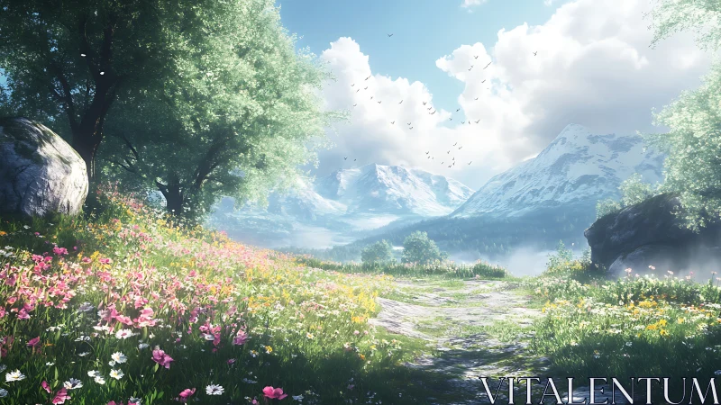 Springtime path to quiet snowcapped mountain dreams.