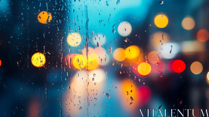 Rain covered window with blurred urban traffic lights.