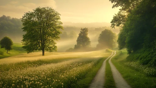 Pastoral dawn meadow with tree-lined path in soft focus light.