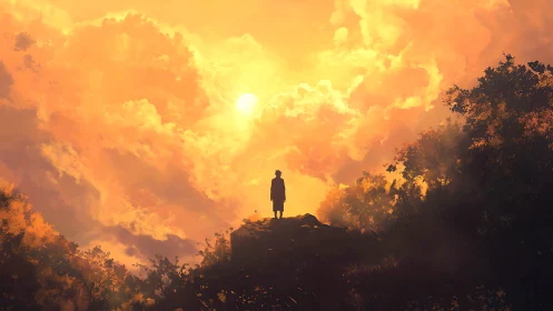 Backlit solitary figure on ridge facing volumetric sunset sky.