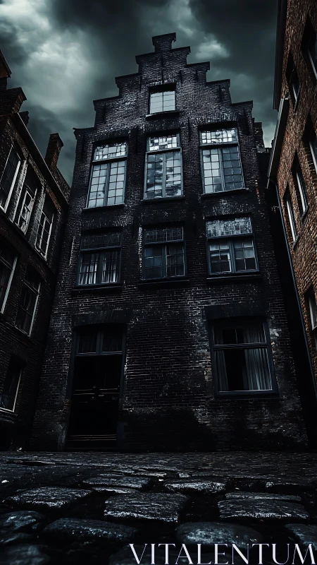 Gothic brick townhouse under stormy sky in low angle view.
