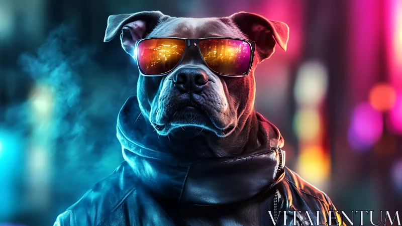 Neon-lit canine with reflective visor in cyber-urban ambiance.
