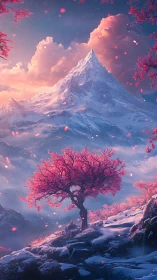 Blushing sakura tree dreaming beneath a snow crowned peak.