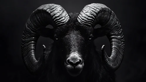 Monochrome ram portrait with sculpted horns in shadowy light.