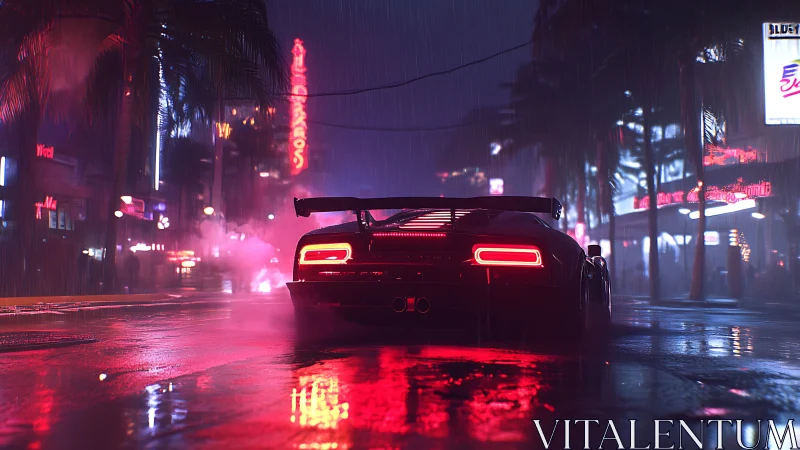 Neon soaked supercar glows softly on a rainy city night