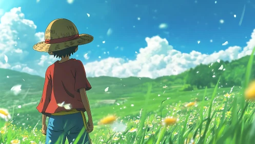 Straw hat child in windblown wildflower meadow under cumulus sky
