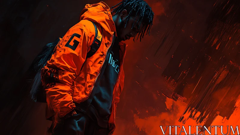 Neon jacket kid drifts through a storm of painted embers