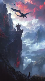 Dragon patrols volcanic cliff citadel above fog-drowned valley