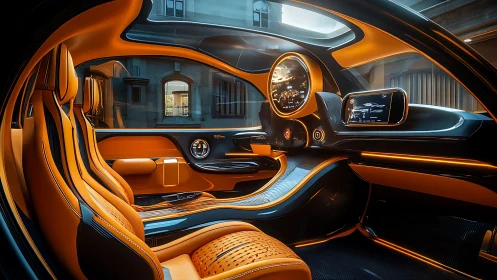 Futuristic orange and black luxury car cockpit interior.