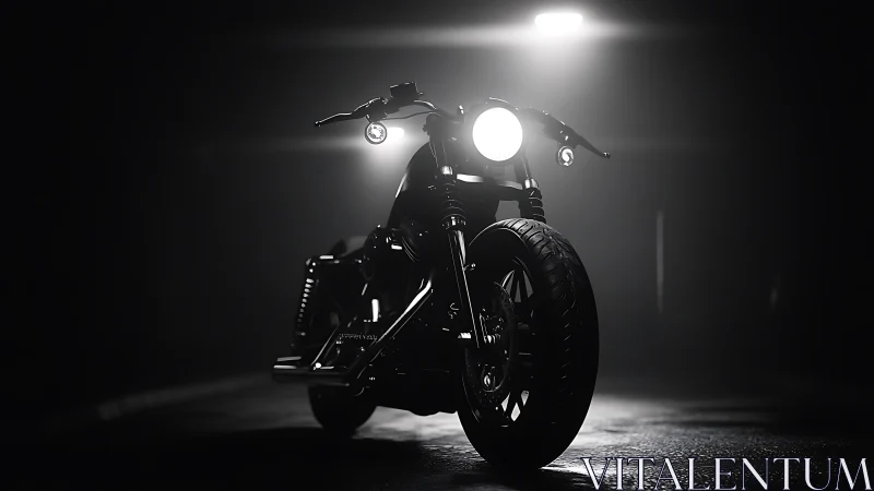 Black motorcycle under streetlight in dark urban night.