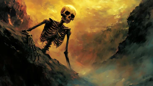 Lone skeletal wanderer watches a fiery sky in silence