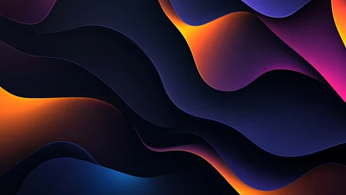 Neon gradient waves with layered curves and dark voids.