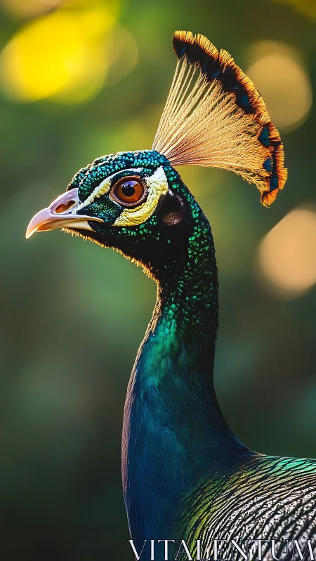 Iridescent peafowl portrait with crested plumage in bokeh light