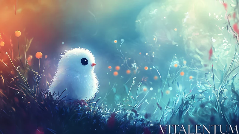 Tiny white chick gazes into a glowing enchanted meadow