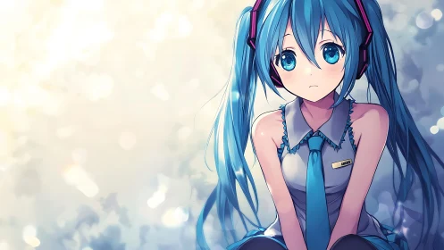 Gentle blue haired anime girl resting in a soft daydream.