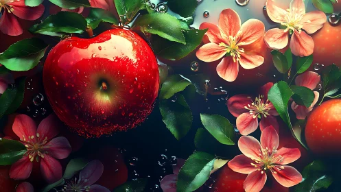 Glossy red apples float with gentle blossoms and leaves