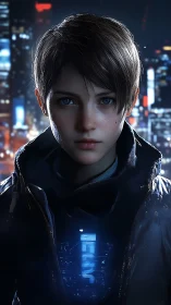 Digital portrait shows youth with short hair in neon city