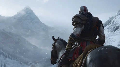 Armored rider on horseback facing distant snowy mountain peak.