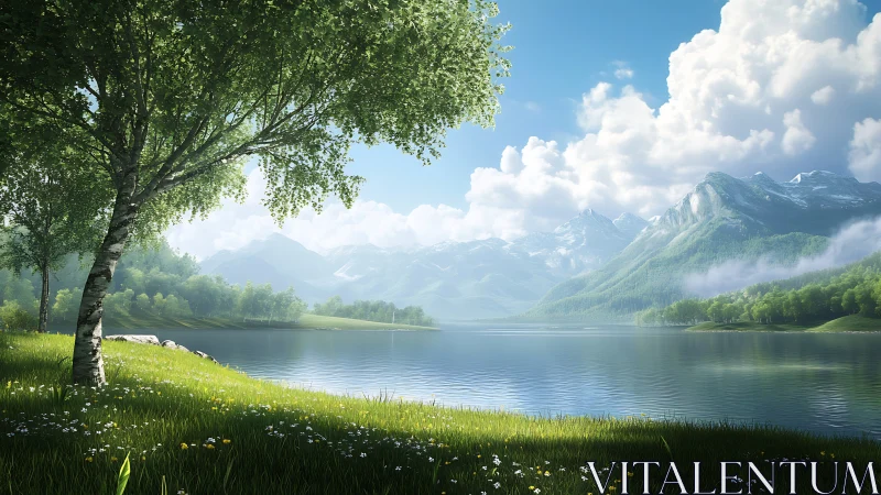 Photorealistic alpine lakeside landscape under birch canopy.