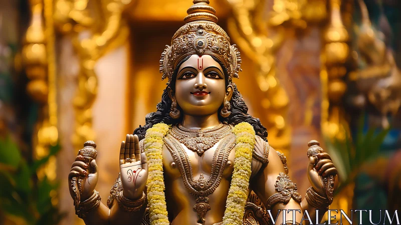 Gilded deity gazes outward while garlands frame serene power