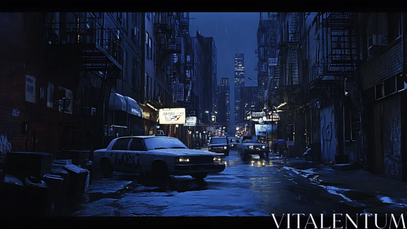 Rain-soaked city backstreet glows under neon and headlights.