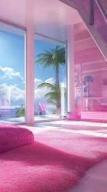 Sunlit pink loft bedroom with oceanview glazing and soft textiles