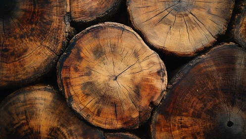Close-up of stacked tree logs with visible growth rings, rustic style.