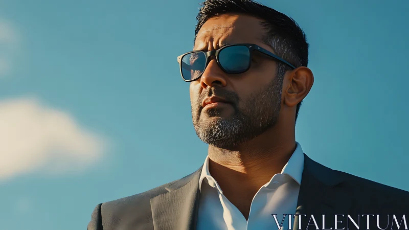 Confident man in sunglasses gazes ahead under a bright sky