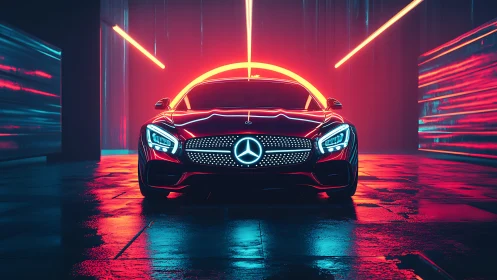 Futuristic Mercedes sports car under neon tunnel lights.
